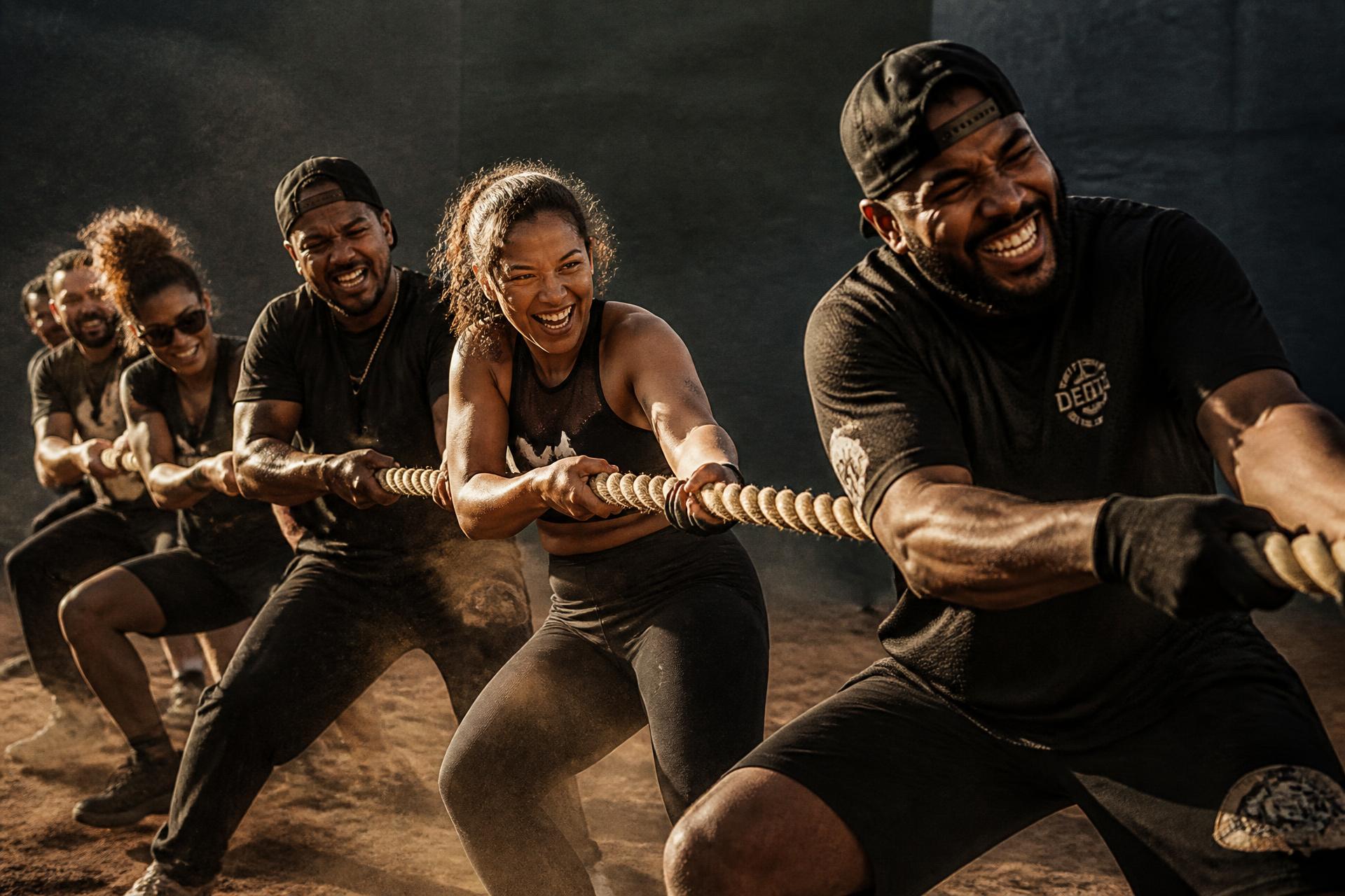 Adults competing in an outdoor tug-of-war at the Adult Field Day Experience